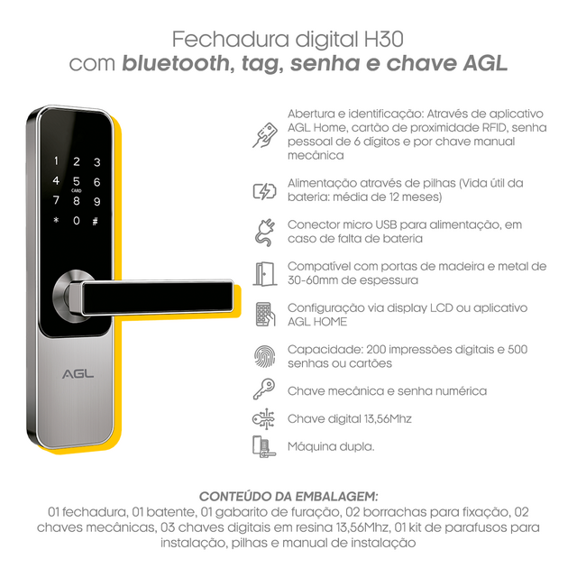 Fechadura Eletrônica H30 com bluetooth tag senha e chave AGL